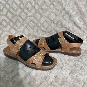 Crown Vintage Brown Leather Double Buckle Slingback Sandals - Women's Size 8M